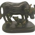Brass Cow with Calf Painted Statue Handmade Brass Carving Cow