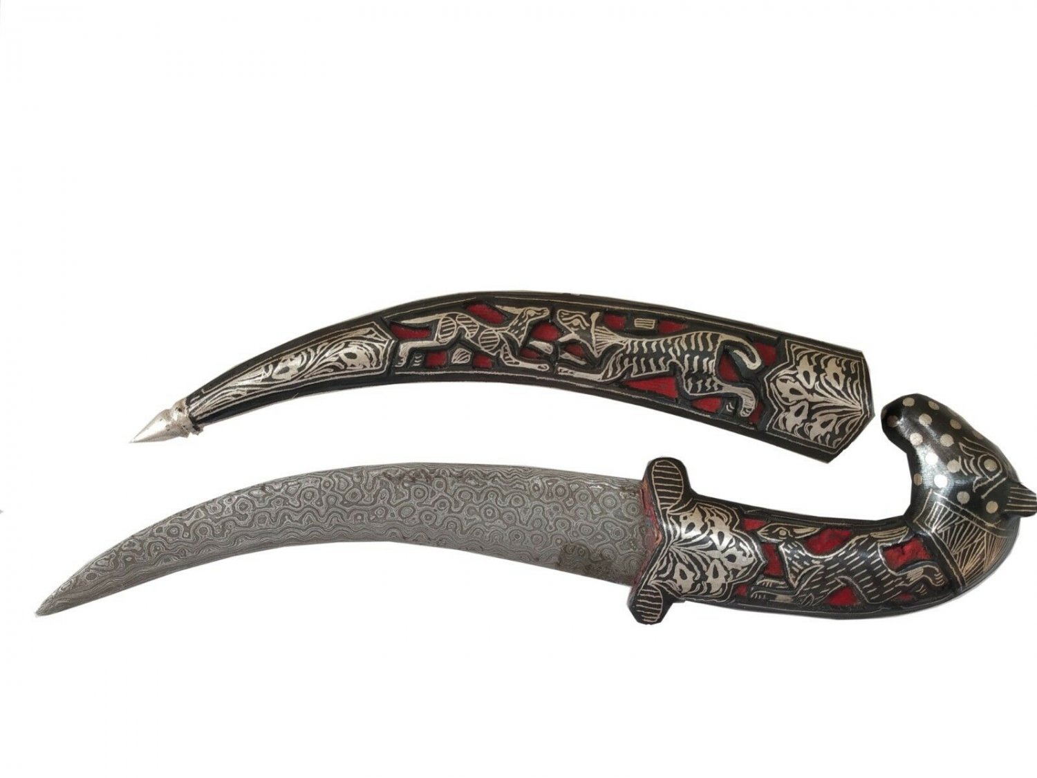 Decorative Dagger Damascus Blade Koftgiri Silver Work With Carved Handmade