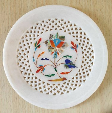 6" Marble Round Plate Decorative Floral Elephant Design Inlay Pietra Dura Stone