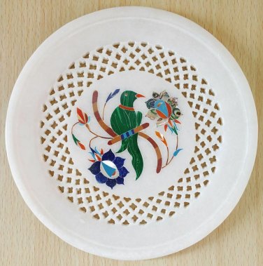 7" Marble Round Plate Decorative Floral Parrot Design Inlay Pietra Dura Stone