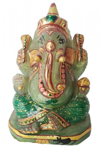 Jade Stone Ganesh Statue Hand Carved Elephant God Gold Painted Stone Ganesha