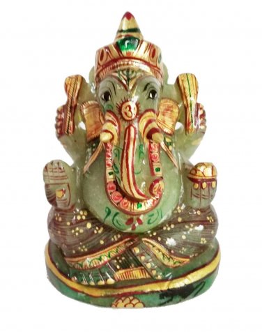 Jade Stone Ganesh Statue Hand Carved Elephant God Painted Stone Ganesha