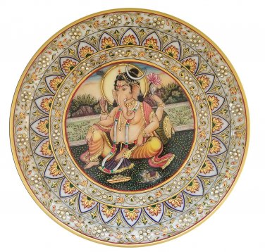 15" White Marble Plate Ganesh and Flower Gold Embossed Painted Round Plate Gift