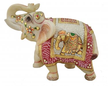 Hand Carved Elephant Coverd By Painting White Marble Stone Elephant