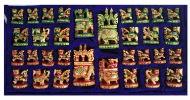 Wooden Chess Set Hand Carved Painted Antique Vintage Indian Figure Chess Set