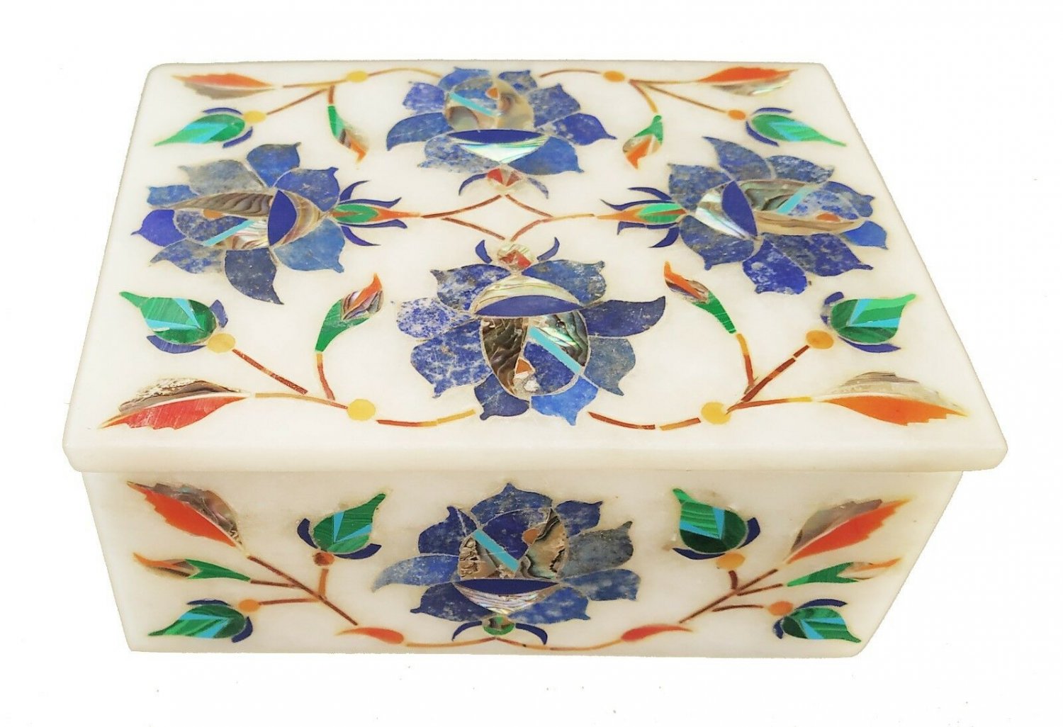 Marble Jewelry Box Decorative Floral Design Inlay Pietra Dura White Stone