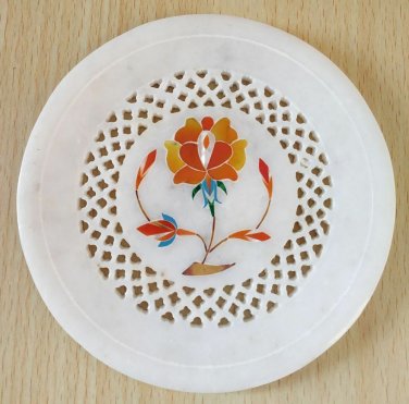 5" Marble Undercut Round Plate Decorative Floral Design Inlay Pietra Dura Stone