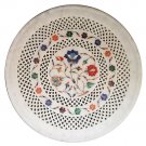 12"Marble Undercut Round Plate Decorative Floral Design Inlay Pietra Dura Stone