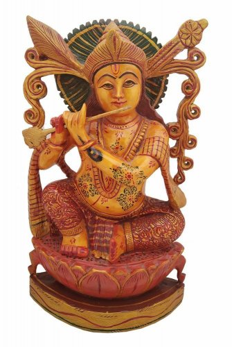 Wood Krishna Statue Painted Hand Carved Krishna Painted