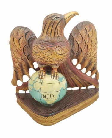 Carved Wooden Eagle Sitting on Globe Painted Wood Eagle