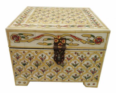 Handmade Bone Jewelry Box Made with Wooden and bone work Flower Emboss Painting
