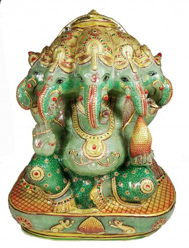 Aventurine Jade Stone Five Face Ganesh Statue Elephant God Gold Painted Ganesha