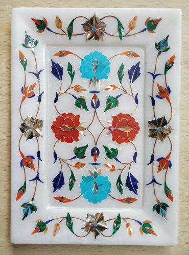 7"x 5" White Marble Inlay Serving Tray using Semi precious stones home decor