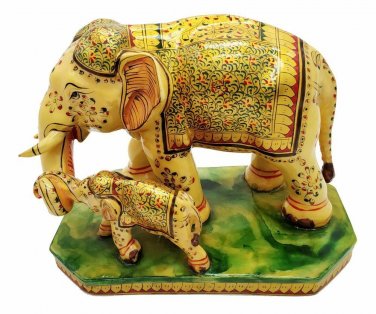 Synthetic Elephant With Baby Statue Painted Handmade Resin Carving Elephant