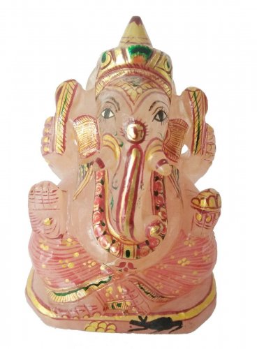 Rosanquartz Stone Ganesh Statue Hand Carved Elephant God Gold Painted  Ganesha