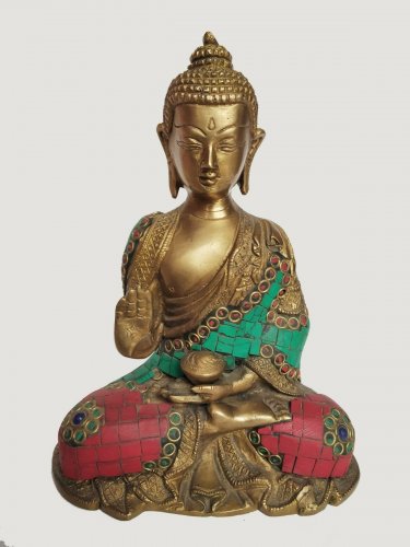 Brass Buddha  Sitting Medicine  Buddha Statue with Stone Work Home Decor Figure
