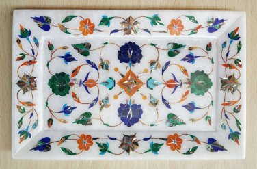 6"x 9" White Marble Inlay Serving Tray using Semi precious stones home decor