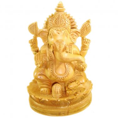 Handmade Carved Wooden Ganesh Elephant God Ganesha Statue Hindu Religious