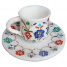 White Marble Inlay Stone Tea Cup & Saucers
