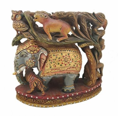 Hand Carved Wood Elephant With Tree Sitting Other Animals Wooden Elephant