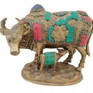 Brass Cow with Calf Feeding Stone Work Hindu Nandi Cow Statue