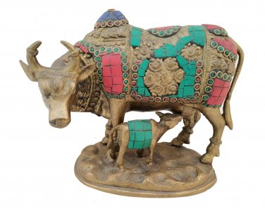 Brass Cow with Calf Feeding Stone Work Hindu Nandi Cow Statue