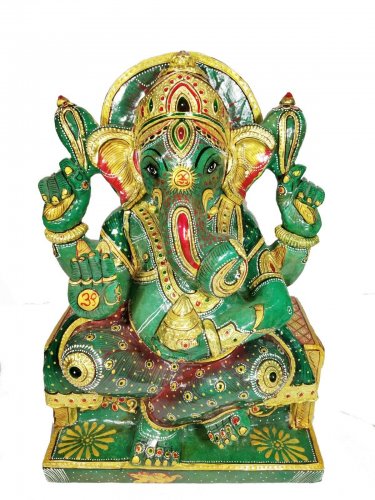 Aventurine Jade Stone Sitting Ganesh Statue Elephant God Gold Painted Ganesha