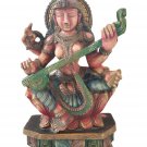 Handmade Carved Wooden Saraswati Statue Hindu Religious