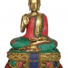 Brass Buddha Lotus Sitting Medicine Buddha Statue with Stone Work Home Decor