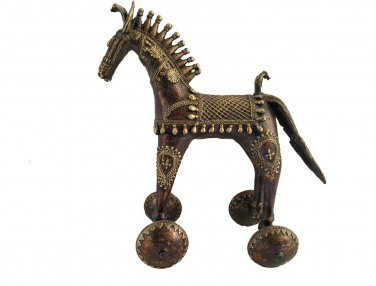 Brass Old Tribe Horse On Wheel Antique Finised Home Decor