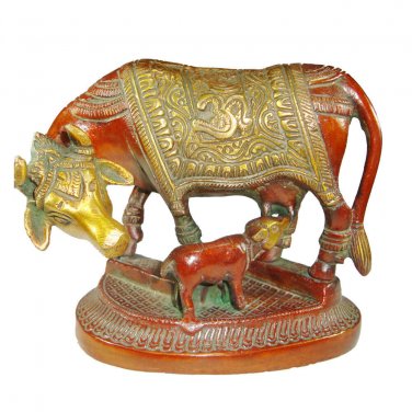 Hand Carved Brass Hindu Nandi Cow With Calf Feeding Statue