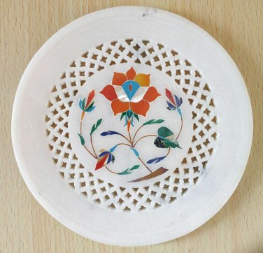 Marble Round Plate Decorative Floral Elephant Design Inlay Pietra Dura Stone 6"