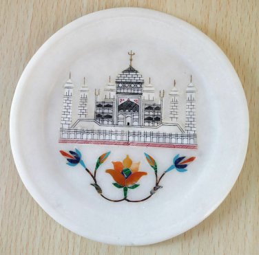 Marble Round Plate Decorative Floral Design Inlay Pietra Dura Stone 5"