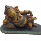 Handmade Carved Wooden Sleeping Ganesha Painted Elephant God Ganesha painted
