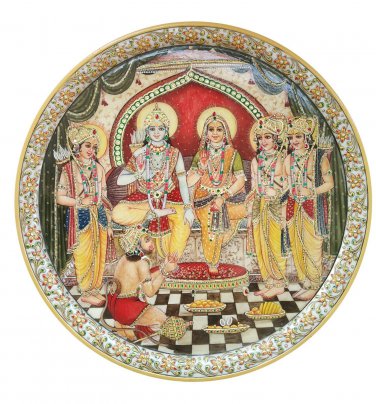 White Marble Plate Ram Darbar Gold Embossed Painting Round Plate Gift 15"
