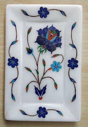 Serving tray marble stone 4" x 6" pietra dura gemstone inlay work Platter Gift