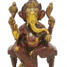 Brass Ganesha statue Sitting On Throne Hand Painted Antique Finished