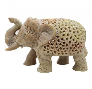 Handmade Sand Stone Undercut Trunk Up Carving Elephant