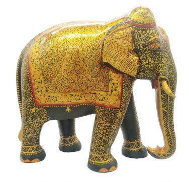 Hand Carved Wood Elephant Statue Painting Wooden Elephant Home Decor 12"