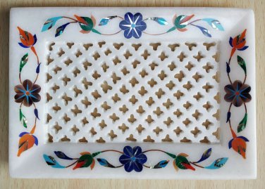 Serving tray marble stone 4" x 6" pietra dura gemstone inlay work Platter Gift