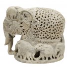 Handmade Sand Stone Undercut Trunk Down Carving Elephant With Baby