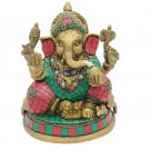 Brass Ganesha Statue with Stone Work Elephant God Good Luck Hindu Religious