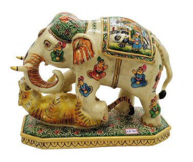 Synthetic Elephant With Tiger Statue Painted Procession Painting Resin Elephant