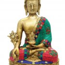 Brass Buddha Sitting Statue with Stone Work Home Decor