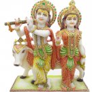 White Makrana Marble Stone Radha Krishna With Cow Statue Gold Painted Ganesha