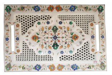 White Marble Undercut Inlay Serving Tray using Semi precious stones 18" x 12"