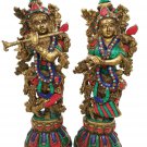 Brass Radha Krishna Statue with Stone Work Love Couple Hindu Religious