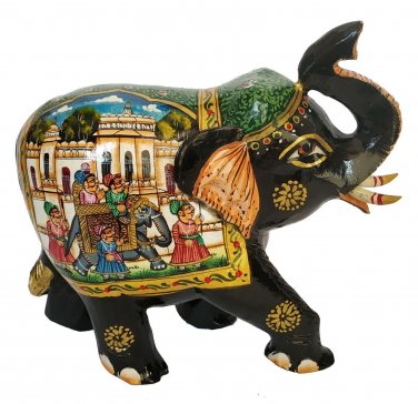 Wooden Elephant Statue Procession Scene Painting Natural Wood Hand Carved