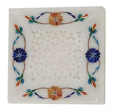 Serving tray marble stone 5" x 5" Aventurine & Lapis gemstone inlay work Platter