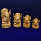 4 PC Wooden Ganesha Hand Carved Antique Finished Sculpture Hindu God Statue